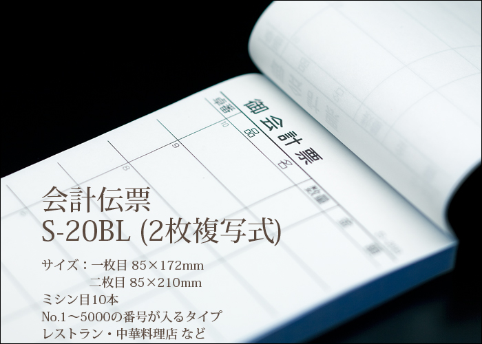 会計伝票 S-20BL 複写式伝票 1ケース(10冊×10パック) No.1～5000入り