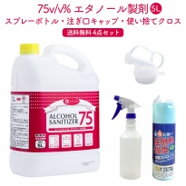 日本製 エタノール製剤 アルコールサニタイザー75・  スプレーボトル・注ぎ口キャップ・  使い捨てクロス 各1個 4点セット  【送料無料】