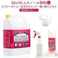 日本製 エタノール製剤 アルコールサニタイザー65・  スプレーボトル・注ぎ口キャップ・  使い捨てクロス 各1個 4点セット  【送料無料】